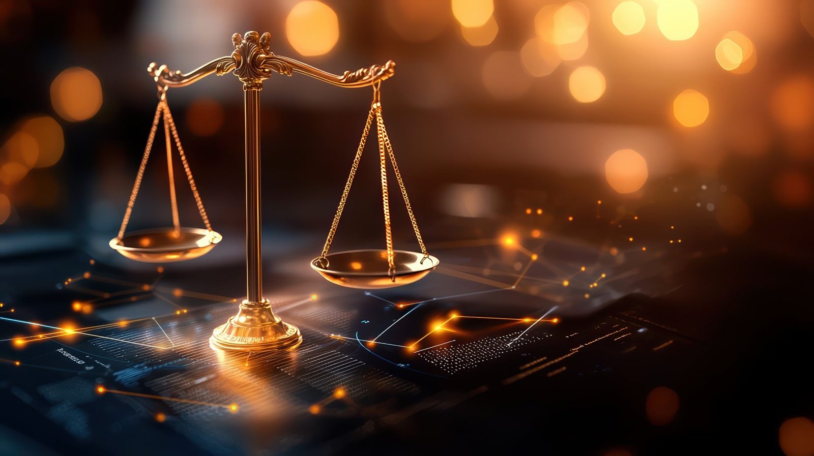 Law Firm SEO Golden scales of justice on a desk with a digital data overlay